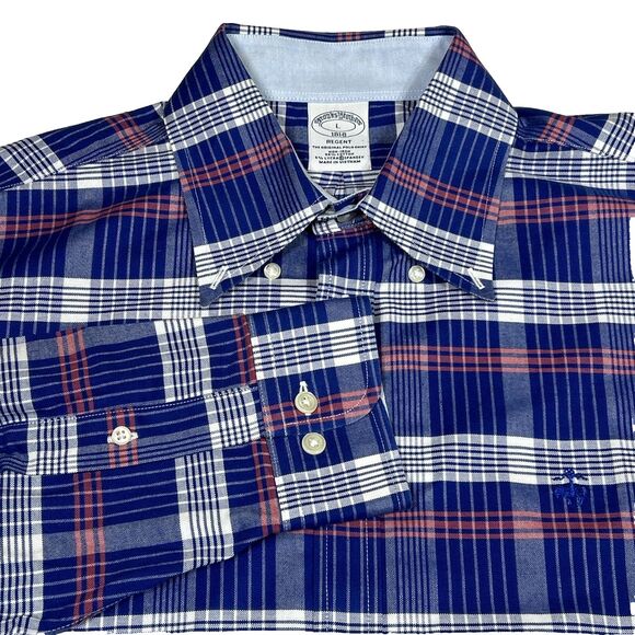 Brooks Brothers Men's L Regent Fit Non-Iron Blue Plaid Cotton Business Casual - Picture 1 of 12